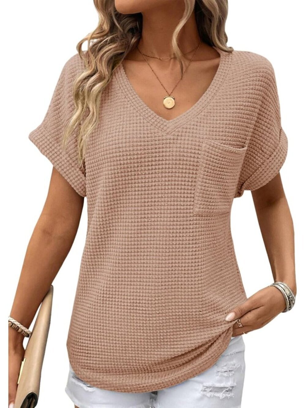 Womens Waffle Knit Tops 2026 Spring Summer V Neck Shirts Casual Trendy Women's B